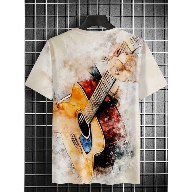 Men's Vintage Acoustic Guitar Print T-Shirt Short Sleeve Crew Neck Artistic Music Graphic Tee For Rock Band Fans And Guitarist Gift Idea