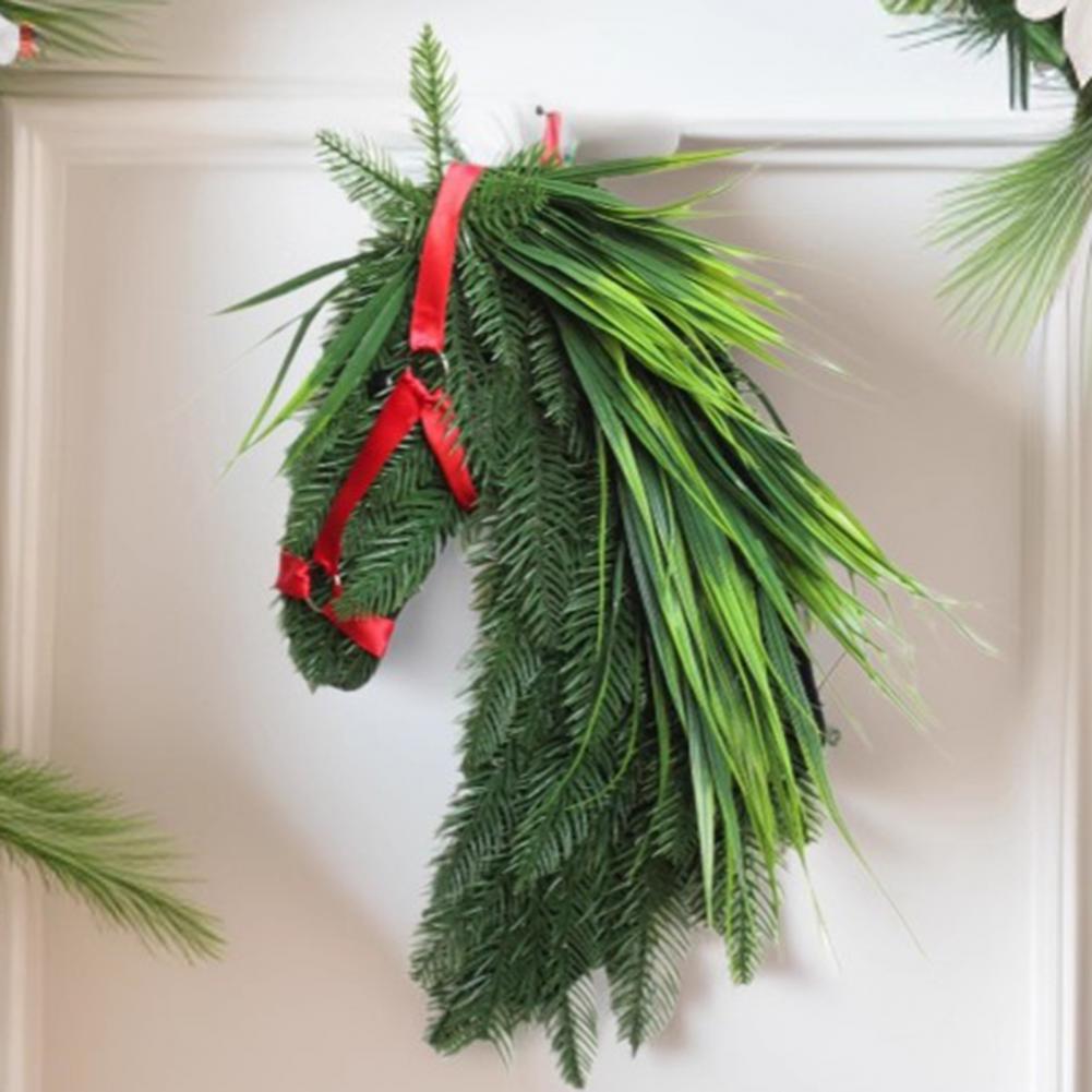 Outdoor Holiday Wreath Holiday Horse Decoration Rustic Horse Head Wreath with Artificial Pine Branches Ribbon Farmhouse Front
