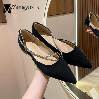 Мода 2024 года, женские туфли на плоской подошве с кристаллами и цепочками, мягкие и удобные балетки с острым носком, женские туфли-лоферы без застежек, туфли для офиса, женские балетки из флока