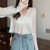 Summer Long-sleeved Hollow Air-conditioning Shirt Women's Short Micro-transparent Sunscreen Clothes, Thin Lace Collar Top, Sweet Knitted Sweater