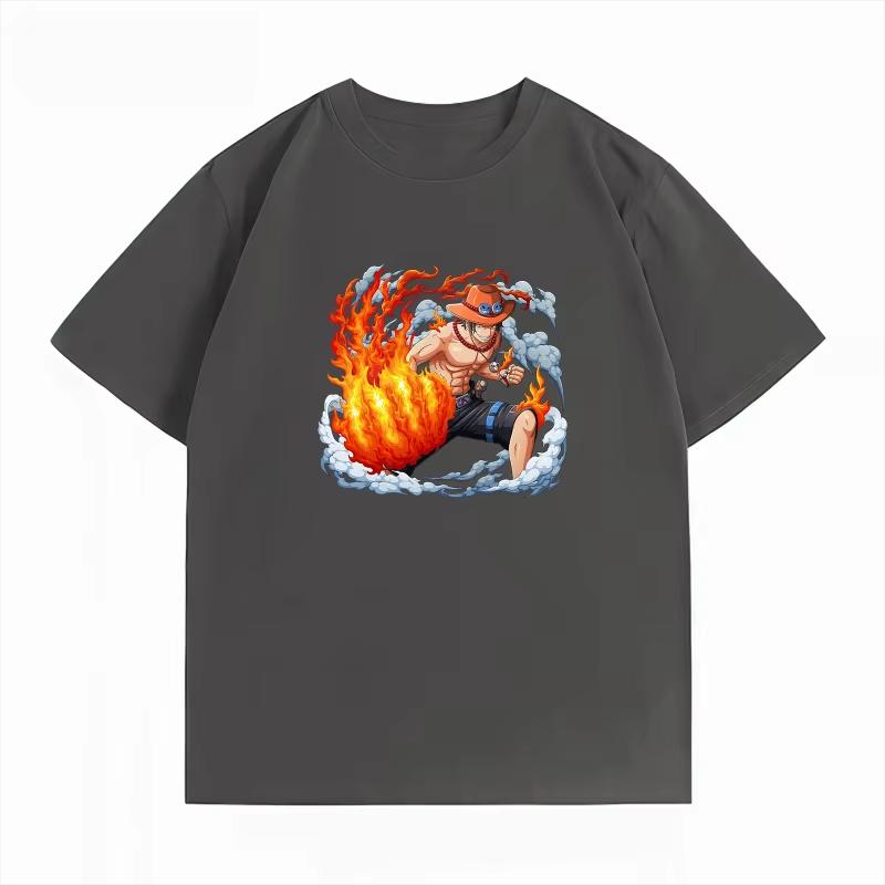 One Piece Men's Casual Loose Crew Neck Summer Short‑Sleeve T‑Shirt with Portgas D. Ace Anime Graphic Print Women And Men T-shirt