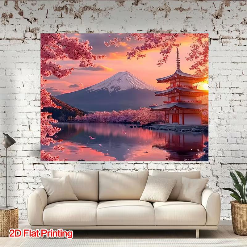 2D Mount Fuji Cherry Blossom Sunset Backdrop Japanese Temple Decor