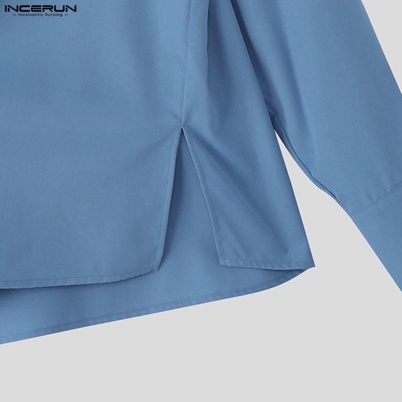 INCERUN S-5XL Мужские повседневные рубашки с воротником-стойкой, длинным рукавом и боковыми пуговицами