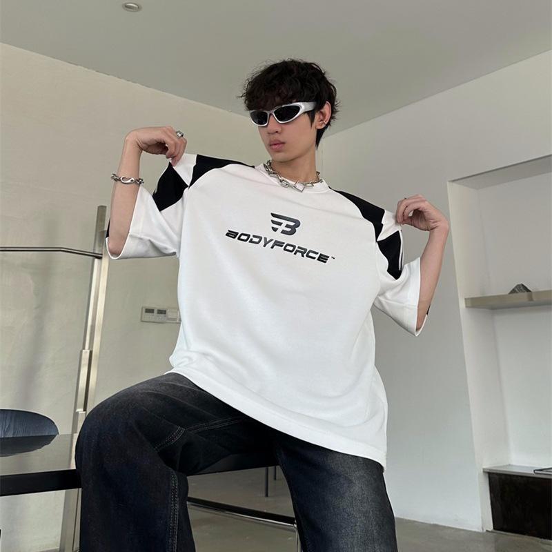 Унисекс футболка с цветными блоками и подплечниками - Мужской повседневный летний топ свободного кроя с коротким рукавом