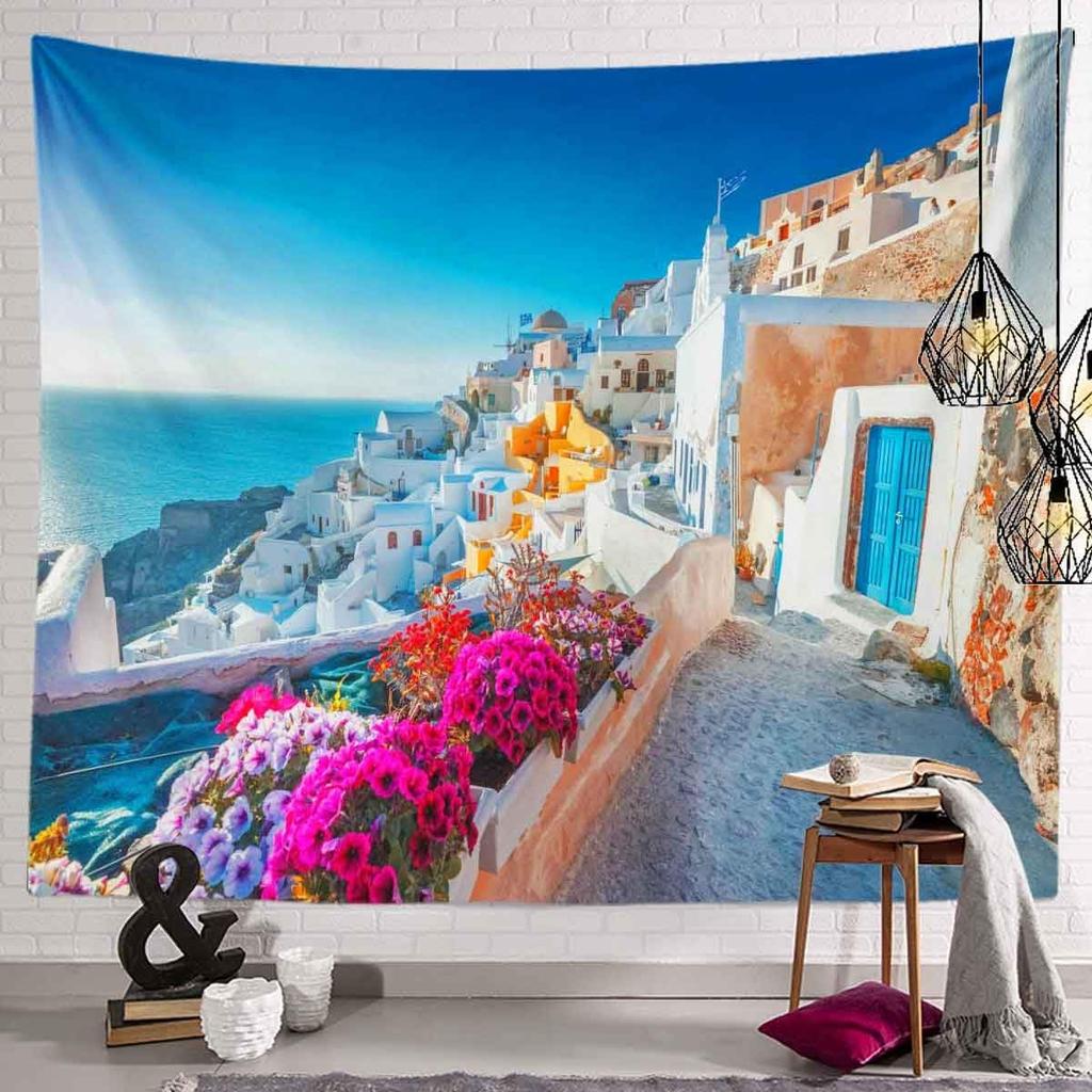 Santorini Greece Tapestry Wall HangingsAegean Seascape Tapestry White Architecture Flower Mediterranean Kids Student Bedroom