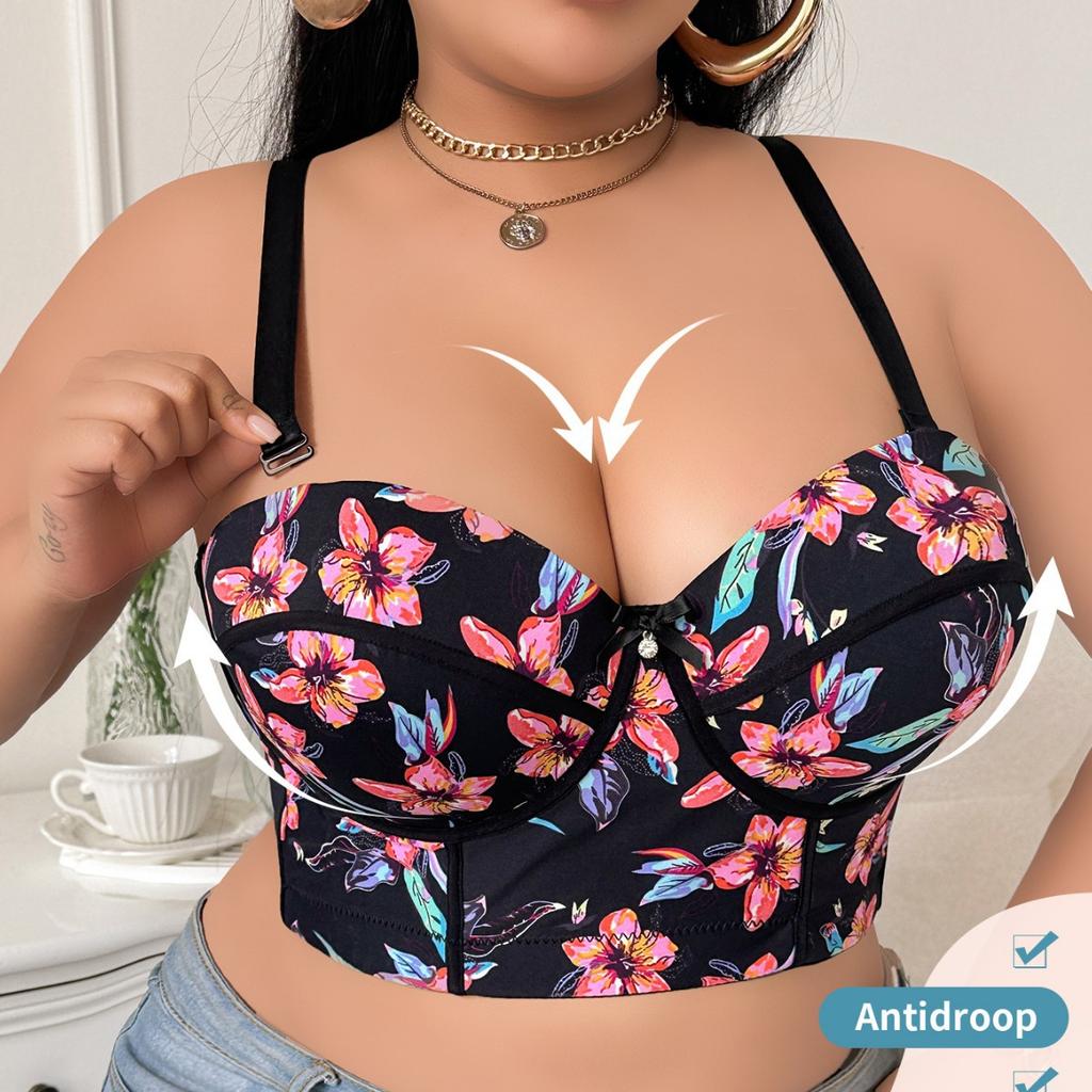 European and American Plus-size Underwear for Women Large Breasts Are Small Anti-sagging Gathered Fashionable Patterned Detachable Shoulder Straps Bra