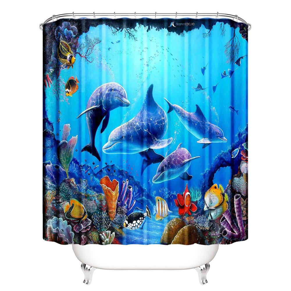 Underwater Dolphin Shower Curtain Marine Life World Travel Sea Diving Ocean Print Bathroom Decor Set with 12 Hooks Waterproof