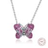 Genuine 925 Sterling Silver Necklace Dazzling Pink Butterfly Pendant Necklaces for Women Fine Jewelry Gift
