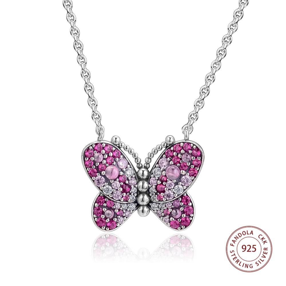 Genuine 925 Sterling Silver Necklace Dazzling Pink Butterfly Pendant Necklaces for Women Fine Jewelry Gift