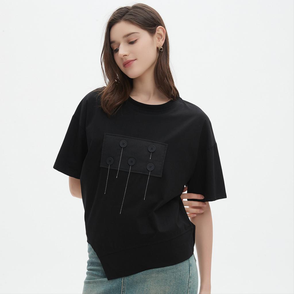 Dimanaf 2025 Summer Pocket T-shirt Women Printing Buttons Asymmetrical Short Sleeve Loose