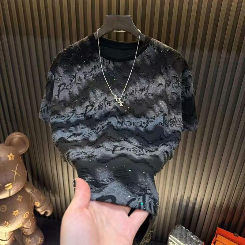 Техwear Новая футболка с принтом букв с коротким рукавом Мужская дизайнерская одежда Мужская футболка с градиентом и пайетками Camiseta Gym Hombre