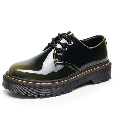 Женские туфли на средней и толстой подошве с маленьким отверстием, мужские низкие кожаные туфли, меняющие цвет, зеленые с круглым носком, повседневные студенческие маффины на короткой подошве
