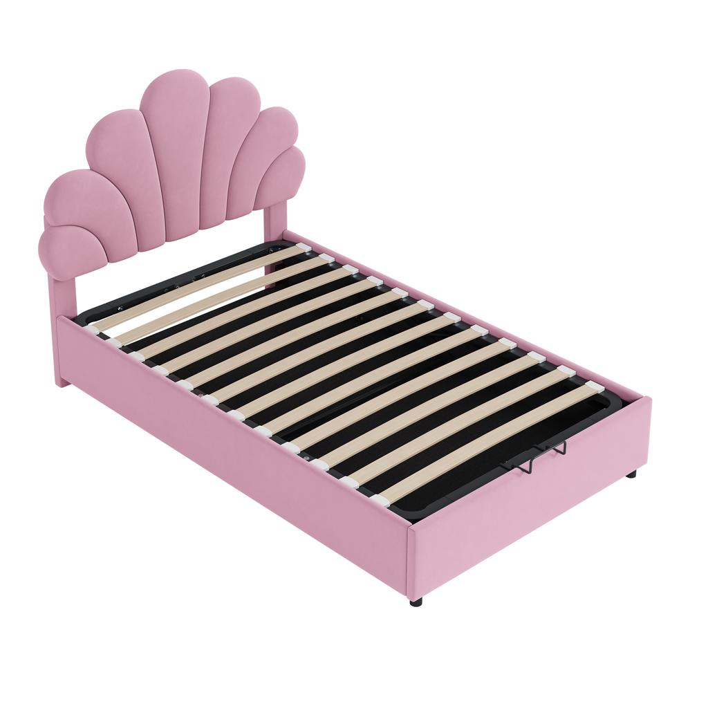 Upholstered Children's Bed 90 x 200 cm, with Floral Headboard and Slatted Frame, with Height-Adjustable and Hydraulic Storage, Velvet Fabric, Pink
