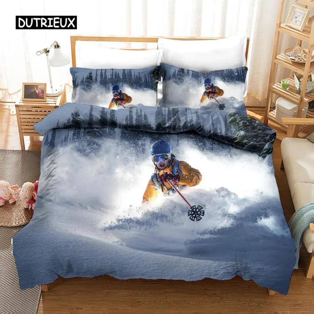 Ski Duvet Cover Microfiber Extreme Sports Theme Twin Bedding Collection Winter Sport Ski Snow Mountain Landscape Queen King Quilt Cover
