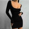 European and American Women's New Autumn and Winter Square Neck Long Sleeved Buttocks Wrapped Spicy Girl Dress