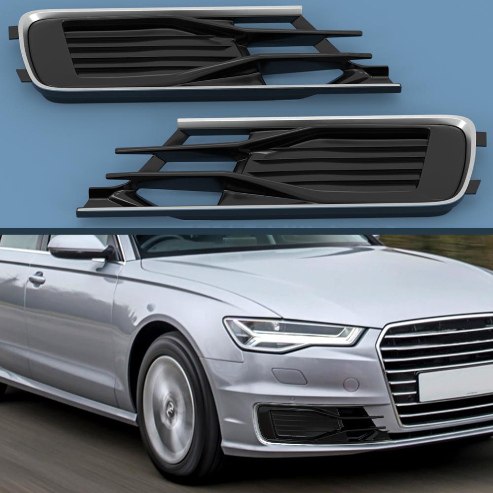2PCS Front Bumper Foglight Cover Grill Fit A6 C7 2014-2018 Black Chrome