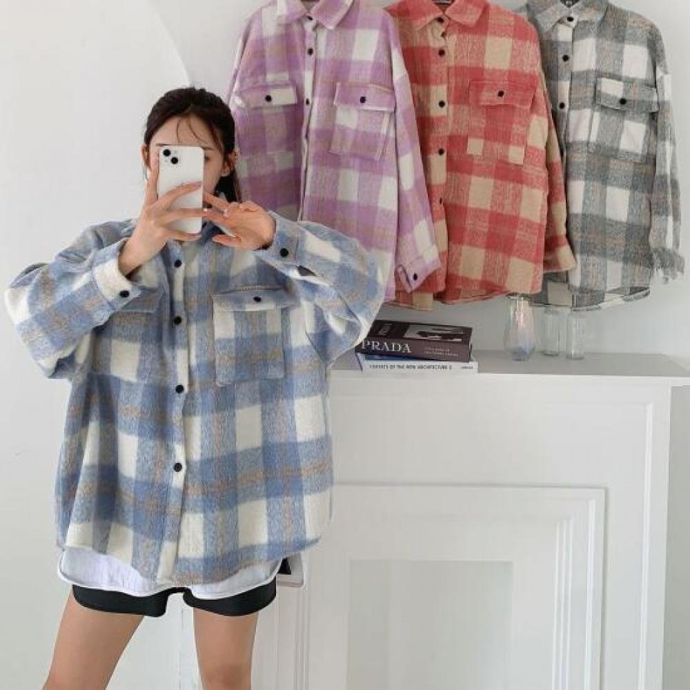 New Arrivals Open Run Oversized Check Pattern Fall Outer Shirt