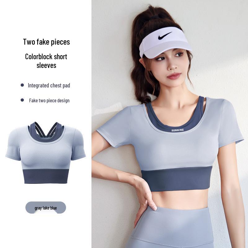 Women's Color Block Two-Piece Short Sleeve Quick-Dry Sports Yoga Top
