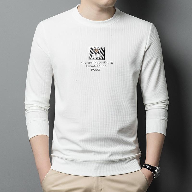 Весенняя футболка с длинными рукавами, мужская футболка с круглым вырезом, повседневная вафельная футболка для мужчин для молодежи и среднего возраста