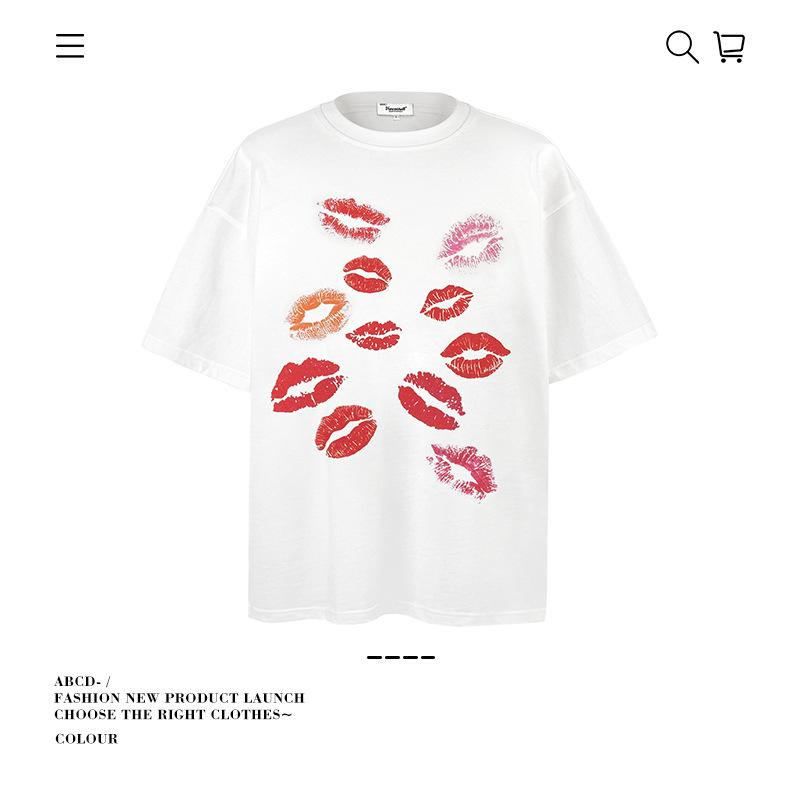 Loose Print Short Sleeve Summer Pure Cotton Gram Lip Print Men'S And Women'S Trendy Brand Heavy T-Shirt 250 Spoof
