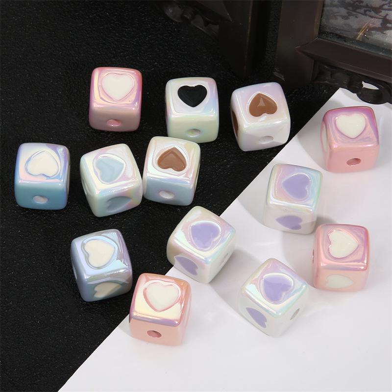 12mm Color-Plated 3D Heart Square Beads for DIY Hairpins & Bracelets
