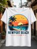 Newport Beach California Round Pier Sunset With Palm Trees Flying Birds And Vintage Beach Scenery Unisex All Tshirt