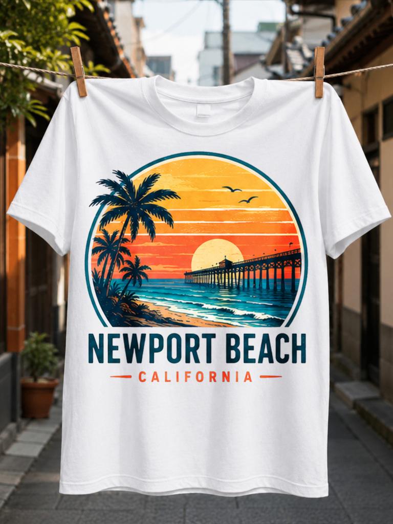 Newport Beach California Round Pier Sunset With Palm Trees Flying Birds And Vintage Beach Scenery Unisex All Tshirt