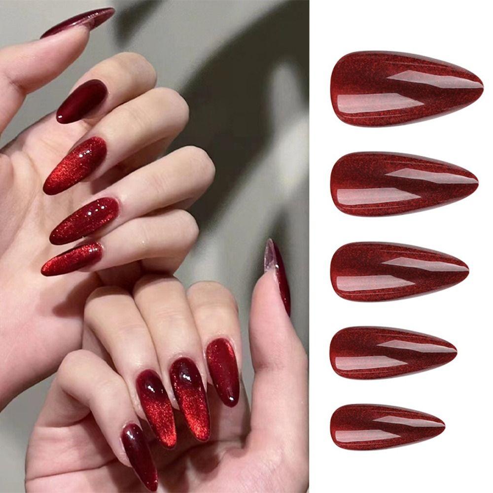Manicure Long Almond False Nails French Red Press on Nails Detachable Cat Eye Nail Tips Women