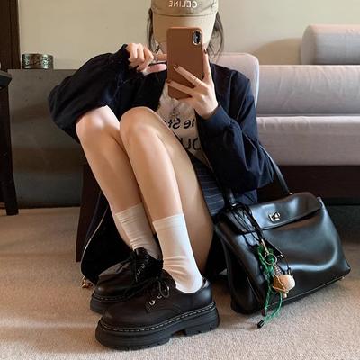 Виноградная мама осень новый стиль шнуровка увеличение высоты толстый каблук платформа лоферы круглый носок маленькие кожаные туфли женские осенние