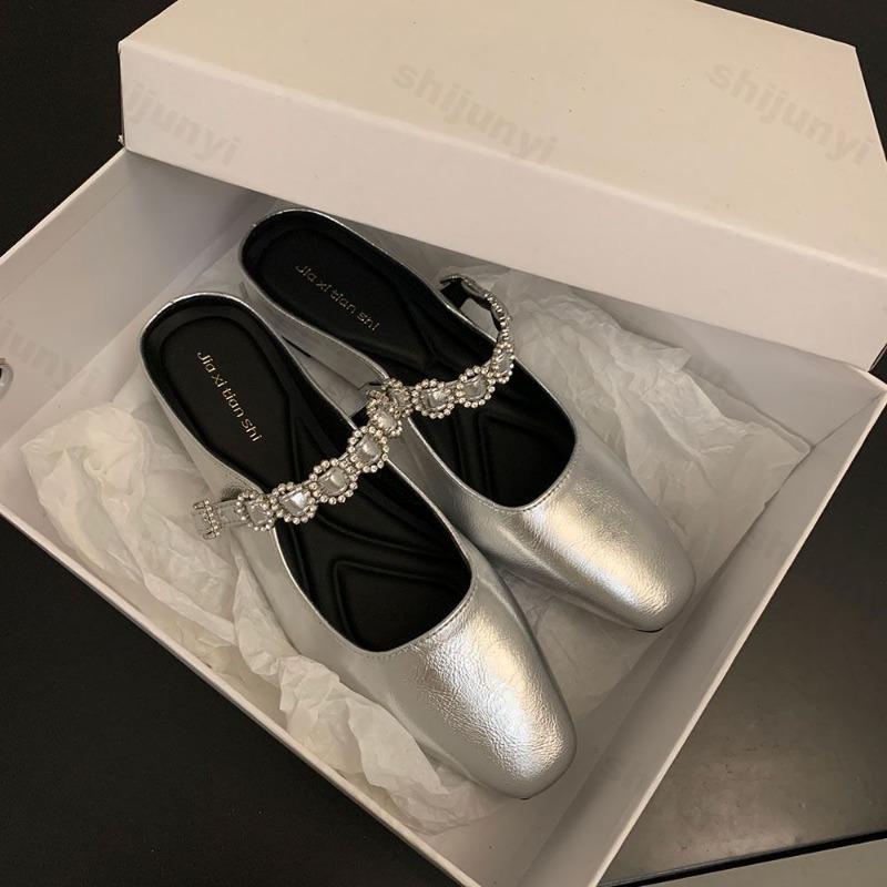 Модные женские балетки, тапочки, хрустальные мюли, дизайнерские сандалии 2025, новые туфли, квадратный носок, кожаные шлепанцы, летние слинги, пряжка де мухер