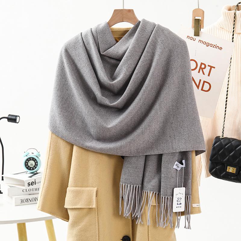 Women's Warm Wool-Feel Faux Cashmere Scarf - Thick, Plain Color Shawl for Autumn/Winter