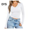 Women Bottoming Shirt Cotton Long Sleeve V-Neck Slim Fit T-shirt Stretchy Solid Color Thin Top for Daily Wear Dating Work