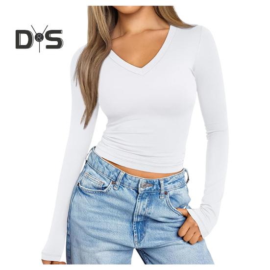 Women Bottoming Shirt Cotton Long Sleeve V-Neck Slim Fit T-shirt Stretchy Solid Color Thin Top for Daily Wear Dating Work