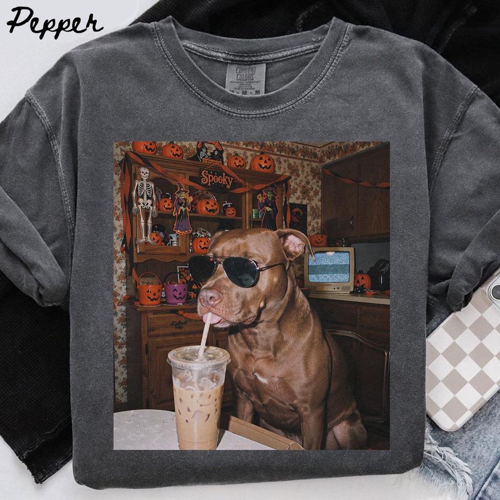 Pit Bull Dog Halloween Comfort Colors Shirt, Iced Coffee Dog Mom T-shirt, Funny Mothers Day Gifts, Dog Mama Tee, Trendy Pet Tshirt