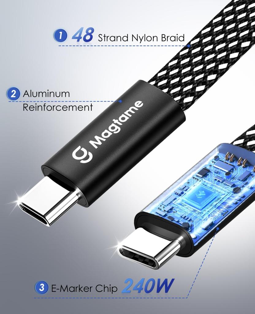 Magtame Magnetic Fast Metal Double совместим с кабелем Type-C, плоский, автоматическое хранение, зарядка 240 Вт/5 А, кабель Type-C, совместимость с QC4.0/PD3.1, USBC-USBC
