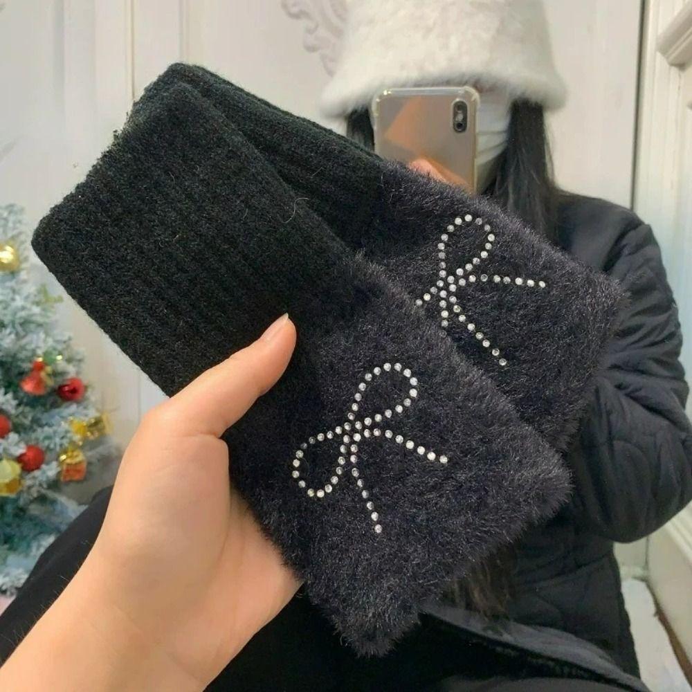 Hotfix Rhinestone Bow Gloves Plush Half Finger Mittens Soft Knitted Gloves  Outdoor