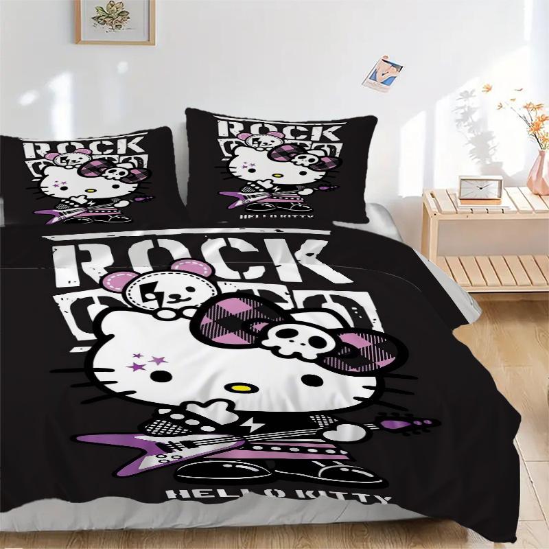 3 шт. Крутое постельное белье с рисунком Hello Kitty в стиле рок, комплект из трех предметов (1 Наволочка + 2 Наволочки, Без Наполнителей), Мягкий и удобный W021