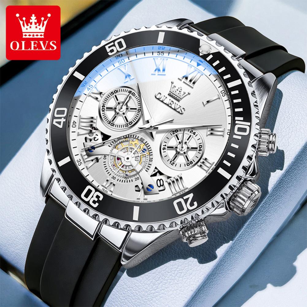 OLEVS Men's Watches Classic Trend Silicone Strap Original Quartz Wristwatch Flywheel Chronograph Waterproof Luminous Date 3730