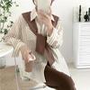 Women Shirt Lapel Long Sleeve Vertical Stripe Print Fake Two Pieces Shirt Tops Regular Fit French Style Shirt