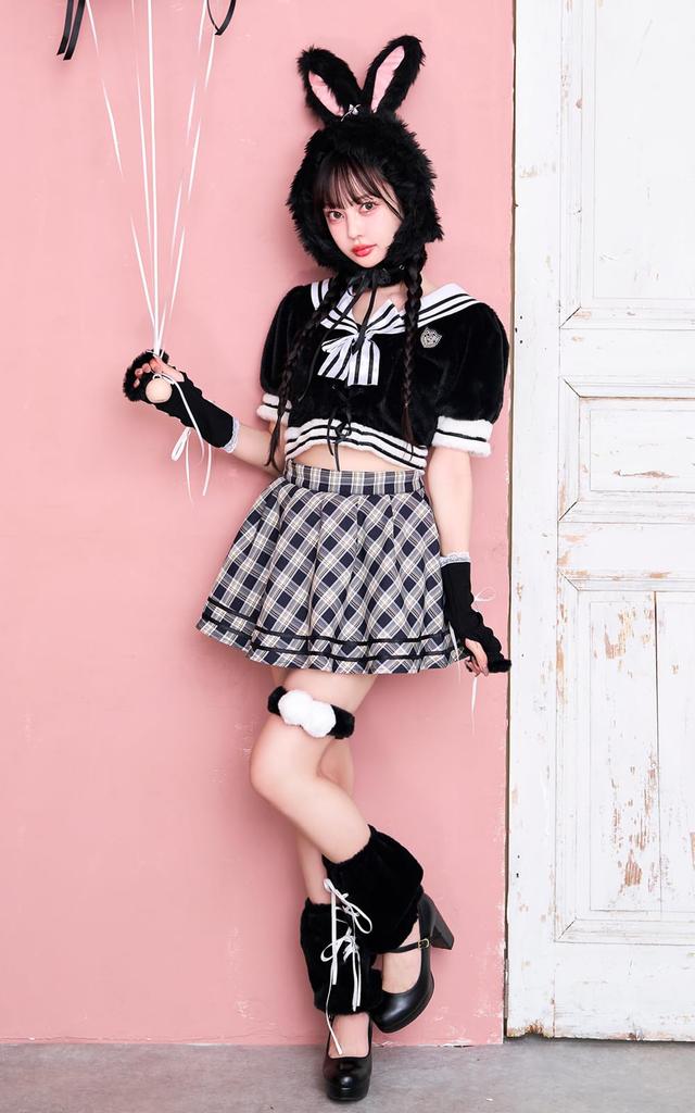 Cosplay Bunny Sailor Idol Fur Rabbit Ears Kemono Ears Rabbit Plush Animal Pink Black Costume Disguise Marie Moon 7 Piece Set 9950 [Malymoon] (Black)