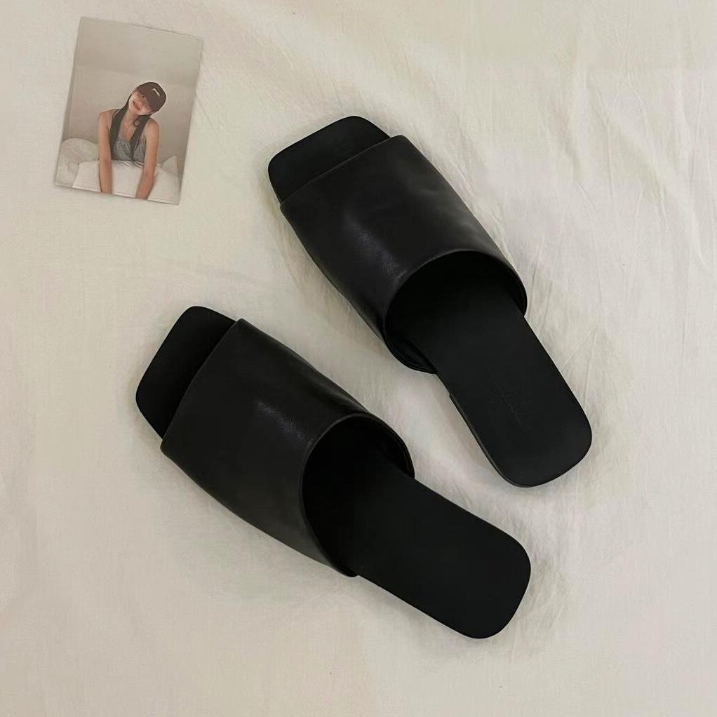 Овчина~ Корейская версия квадратного носка со шлепанцами на плоской подошве, женская летняя одежда простые кожаные шлепанцы с мягкой подошвой с открытым носком, прохладные шлепанцы