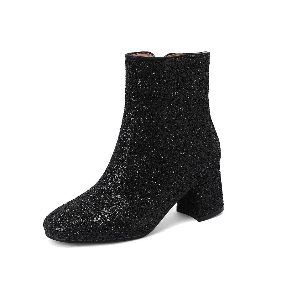 Большие размеры 48 49 50 золотисто-серебристо-голубые блестящие зимние туфли из ткани с блестками женские туфли на высоком толстом каблуке ботильоны челси для вечеринки