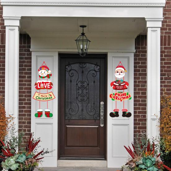 1 Pair Christmas Door Decoration Merry Christmas Hanging Sign Cartoon Santa Claus Snowman Holiday Decor for Home Wall Front Door