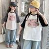 Girls' short sleeved summer new style slimming color blocked medium and large children's stylish T-shirt fashionable pure cotton top