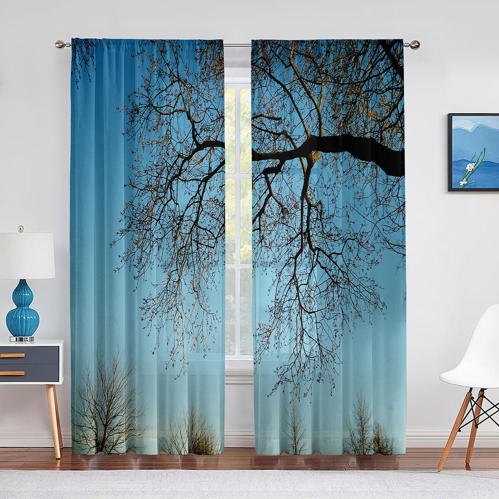 Серые тюлевые вуали с принтом ветвей деревьев для спальни, оконные занавески для гостиной, прозрачные шторы, жалюзи, шторы из органзы