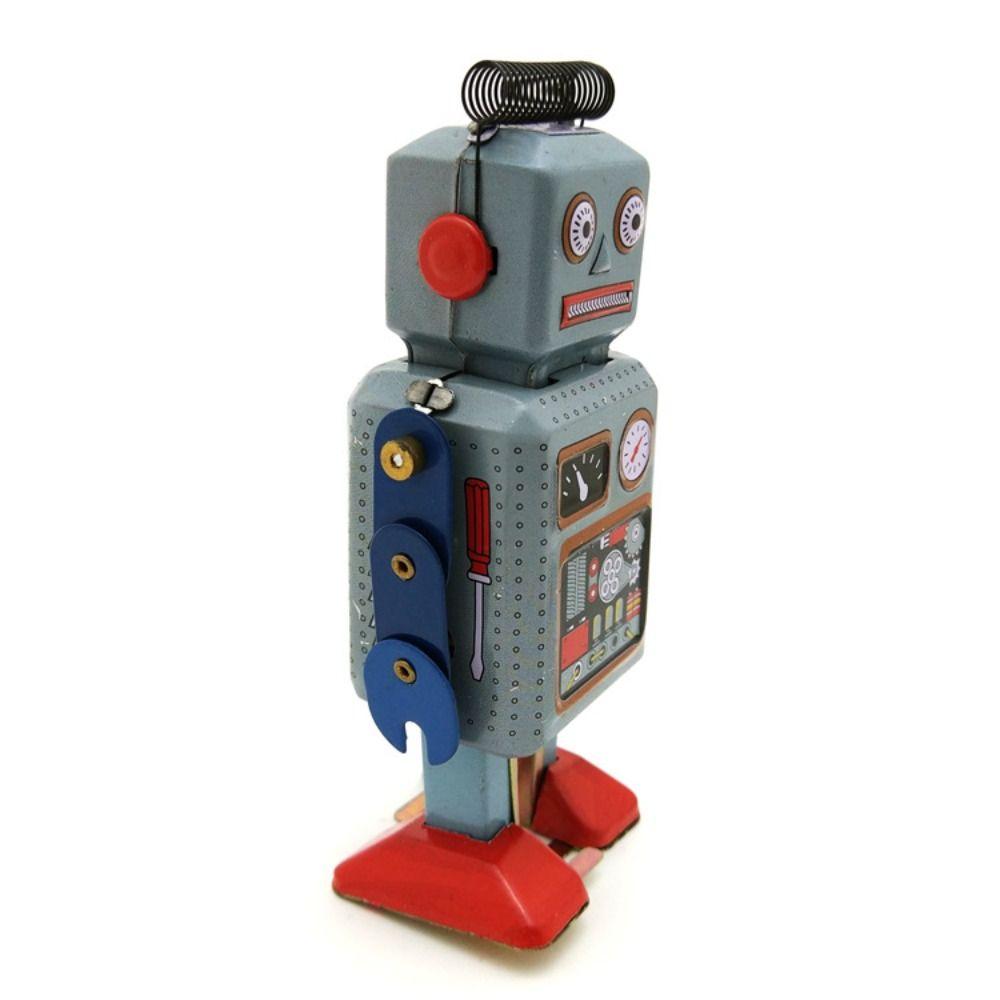 Iron Metal Wind Up Walking Robot Drumming Robot Vintage Mechanical Clockwork Collection