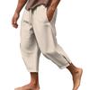 Men Cropped Pants Drawstring Elastic Waist Solid Color Loose Pockets Split Deep Crotch Soft Breathable Summer Vacation Beach Trousers