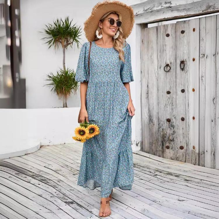 Women Summer Casual Floral Print O Neck Dress High Waist Loose Large Size Ankle Length Middle Long Sleeve Spring Dress