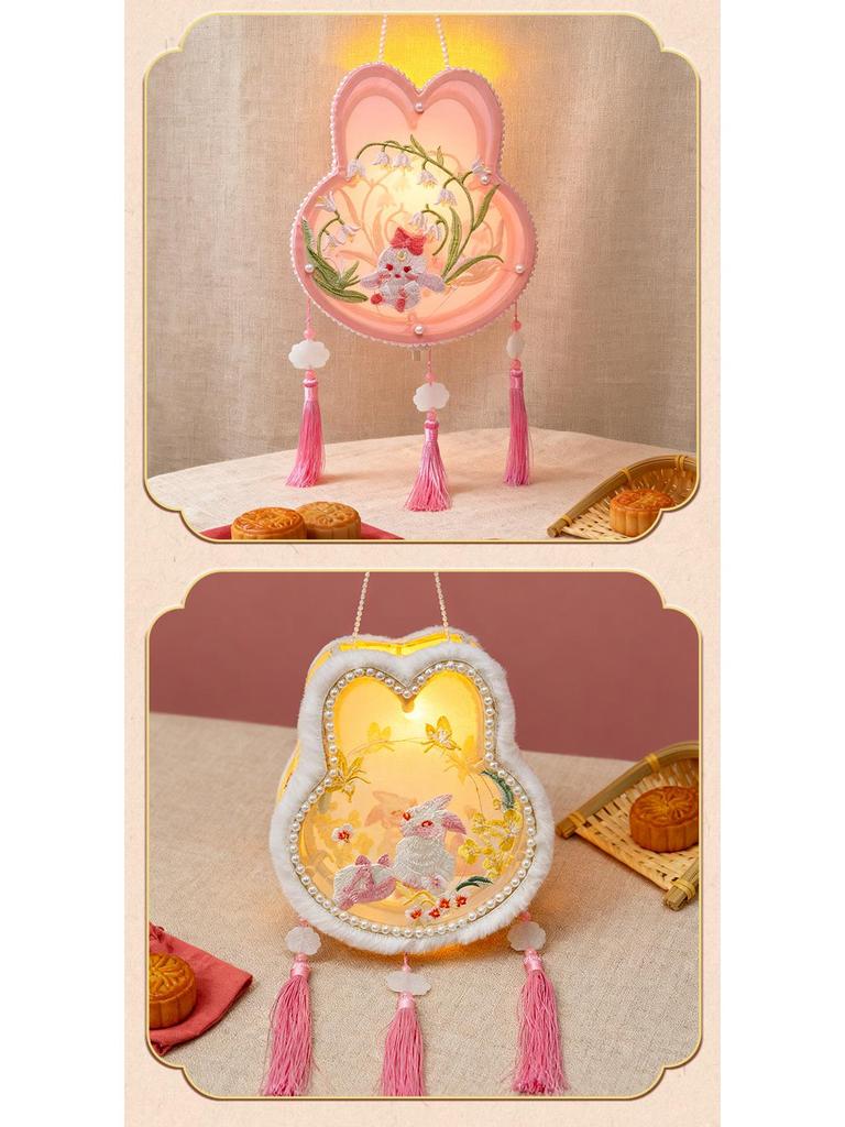 Traditional Embroidered Floral Lantern - Children's Glowing Rabbit Hanfu Palace Prop for Mid-Autumn and Lantern Festivals