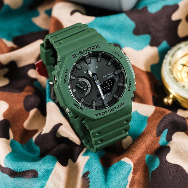 Casio G-Shock Классическая Восьмиугольная Серия Защита Сердца из Углеродного Волокна Водонепроницаемые Ударопрочные Спортивные Кварцевые Часы Ремешок из Смолы GA-B2100-3APR